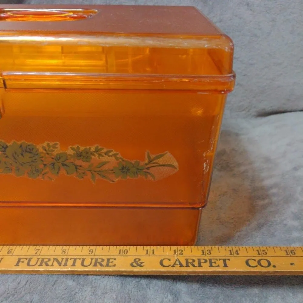 Vtg Wil-Hold Amber Orange Translucent Plastic Sewing Box MCM Case Gold Floral
